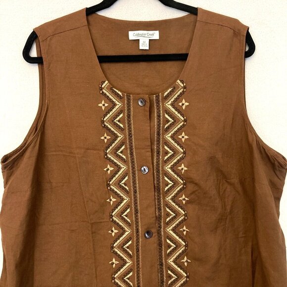 Coldwater Creek Linen Blend Button Up Blouse Top Size 22 Brown Beaded Sleeveless - Picture 3 of 12